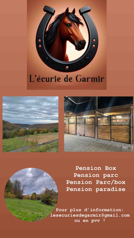 Bonjour � tous,
Prochainement : Ouverture MI-Fevrier d'une �curie conviviale et familiale ! 
 L'ecurie se situe sur les hauteurs de 
Algrange - Nilvange 
Pour plus de renseignement, me contacter sur mon mail : lesecuriesdegarmir@gmail.com