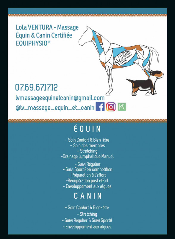 LV Massage �quin et Canin

Massage
Stretching
Soin des membres
Enveloppement
Suivi r�gulier
Suivi Comp�tition

Masseuse certifi�e, je mets ma passion au service du bien-�tre et du confort des chevaux et des chiens .

Quelque soir leur discipline, leur age